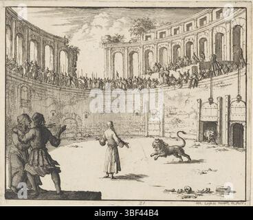 Amsterdam, Oossaan, Aart Dircksz., Amsterdam, Wybrants, Sander, Swart, Witwe Steven, Blom, Joannes, Bergh, Herman van den, Deyster, Jacobus van der, Luyken, Jan, Recto - Handschrift in Bleistift, Druck, Buchillustration, Drucke, Ignatius van Antiochie in de arena voor de lionen, rückwärts - gestempelt, 21, Höhe 117 mm, Breite 147 mm, Noord-Nederlands, 16. 04. 1649 - 05. 04. 1712, Druckerei, 1685 - 1685, Papier, Ätzen, Werkkonzeption, nach eigenem Entwurf, Publikation (Event), Publikation, Verlag, E.. Stockfoto