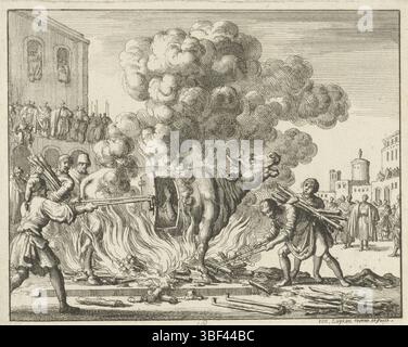 Amsterdam, Oossaan, Aart Dircksz., Amsterdam, Wybrants, Sander, Swart, Witwe Steven, Blom, Joannes, Bergh, Herman van den, Deyster, Jacobus van der, Luyken, Jan, Recto - Handschrift in Bleistift, Druck, Buchillustration, Drucke, Antipas in einem Kupferstier über Feuer, rückwärts - gestempelt, 18, Höhe 117 mm, Breite 147 mm, Noord-Nederlands, 16. 04. 1649 - 05. 04. 1712, Druckerei, 1685 - 1685, Papier, Ätzen usw. Stockfoto