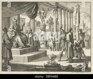 Amsterdam, Oossaan, Aart Dircksz., Amsterdam, Wybrants, Sander, Swart, Witwe Steven, Blom, Joannes, Bergh, Herman van den, Deyster, Jacobus van der, Luyken, Jan, Recto - Handschrift in Bleistift, Druck, Buchillustration, Drucke, Taracus während seines Interviews mit einem Stein geschlagen, rückwärts - gestempelt, 30, Höhe 117 mm, Breite 144 mm, Noord-Nederlands, 16. 04. 1649 - 05. 04. 1712, Druckerei, 1685 - 1685, Papier, Ätzen, Konzeption, nach eigenem Entwurf, Publikation (Event), Publikation, Publishing, Eher, Eher. Stockfoto