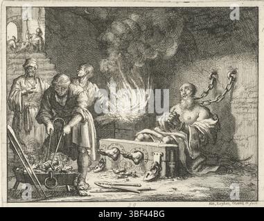 Amsterdam, Oossaan, Aart Dircksz., Amsterdam, Wybrants, Sander, Swart, Witwe Steven, Blom, Joannes, Bergh, Herman van den, Deyster, Jacobus van der, Luyken, Jan, Recto - Handschrift in Bleistift, Druck, Buchabbildung, Drucke, Origens im Gefängnis mit Feuermalerei, rückwärts - gestempelt, 29, Höhe 115 mm, Breite 147 mm, Noord-Nederlands, 16. 04. 1649 - 05. 04. 1712, Druckerei, 1685 - 1685, Papier, Ätzen, Werkkonzeption, nach eigenem Entwurf, Publikation, Publikation (Ereignis), Veranstaltung, Nederlands Stockfoto