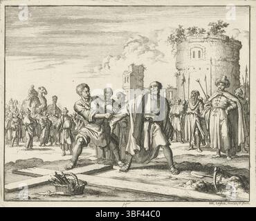 Amsterdam, Oossaan, Aart Dircksz., Amsterdam, Wybrants, Sander, Swart, Witwe Steven, Blom, Joannes, Bergh, Herman van den, Deyster, Jacobus van der, Luyken, Jan, Recto - Handschrift in Bleistift, Druck, Buchillustration, Drucke, Simon Zelotes entkleidet seine Kleidung für die Kreuzigung, rückwärts - gestempelt, 15, Höhe 120 mm, Breite 148 mm, Noord-Nederlands, 16. 04. 1649 - 05. 04. 1712, Druckerei, 1685 - 1685, Papier, Ätzen, Work Conception, nach eigenem Entwurf, Publikation (Event), Publikation, Herausgeber, Event, Nederlands Stockfoto