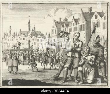 Amsterdam, Oossaan, Aart Dircksz., Amsterdam, Wybrants, Sander, Swart, Witwe Steven, Blom, Joannes, Bergh, Herman van den, Deyster, Jacobus van der, Luyken, Jan, Recto - Handschrift in Bleistift, Druck, Buchillustration, Drucke, Hans Koch und Leonhard Meister auf dem Weg zum Scavot, 1524, vero - gestempelt, 50, Höhe 115 mm, Breite 145 mm, Noord-Nederlands, 16.04.1649 - 1712-04-05, Drucker, 1685 - 1685, Papier, Ätzen, Werkkonzeption, nach eigenem Entwurf, Publikation (Event), Publikation, Verlag, E.. Stockfoto