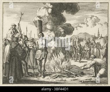 Amsterdam, Oossaan, Aart Dircksz., Amsterdam, Wybrants, Sander, Swart, Witwe Steven, Blom, Joannes, Bergh, Herman van den, Deyster, Jacobus van der, Luyken, Jan, Recto - Handschrift in Bleistift, Druck, Buchillustration, Drucke, Leonhard Bernkopff für den Scheiterhaufen, 1542, vero - gestempelt, 56, Höhe 121 mm, Breite 149 mm, Noord-Nederlands, 16.04.1649 - 1712-04-05, Druckmaschine, 1685 - 1685, Papier, Ätzen, Work Conception, nach eigenem Entwurf, Veröffentlichung, Publikation (Event), Veranstaltung, Stockfoto