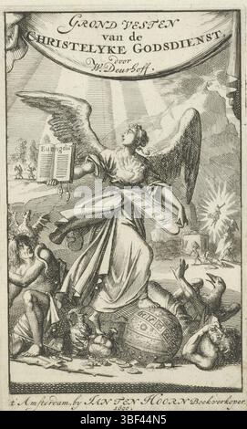 Amsterdam, Hoorn, Jan Claesz Ten, Amsterdam, Luyken, Jan, Homepage für: W. Deurhoff, Fundamentals of the Christian Religion, 1690, wahrer glaube mit den Tabellen des Gesetzes und des Evangeliums in ihren Händen, verso-gestempelt, die Personifikation des wahren Glaubens, mit einem brennenden Herzen (Symbol der göttlichen Liebe), hält in ihren Händen die Tabellen des Gesetzes und des Evangeliums. Sie zertrampelt einen Globus aus Himmel, Krone und Geld. Rechts ist die Personifikation der Unzufriedenheit (mit Krähe), links die Personifikation der Gottlosigkeit (mit Drachen). Im Hintergrund ist Moses auf dem Berg Sinai, am Foo Stockfoto