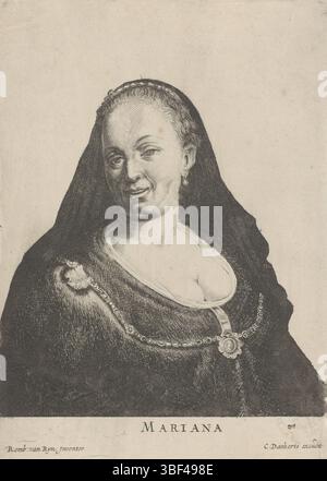 Duckerts, Cornelis, Rijn, Rembrandt van, Leeuw, Willem van der, Mariana, Porträt einer unbekannten Frau mit Schleier, verso - gestempelt, Porträt-Büste rechts einer unbekannten Frau mit Schleier und in einen Körper mit niedrigem Dekolleté gehüllt. Der Kopf wurde nach links gedreht., Druck, Höhe 237 mm, Breite 167 mm, Zuid-Nederlands, 1603, Druckmaschine, 1630 - 1718, Papier, Ätzen, Gravur, Gravur (Druckverfahren), Werkkonzeption, Noord-Nederlands, 15.07.2008 - 1606 1669-10-08, nach Entwurf durch, Veröffentlichung (Ereignis), Veröffentlichung, Herausgeber Stockfoto