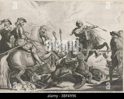 Dackerts, Cornelis, Rubens, Peter Paul, Leeuw, Willem van der, Wolvenjacht, verso - gestempelt, zwei Wölfe sind umgeben von Hunden und Jägern. Einige Jäger stechen die Tiere mit Speeren. Links und rechts der Wölfe jagten Füchse. Links ist eine Frau mit Falken zu Pferd. Am Rand ein Linientext in lateinischer Sprache., Druck, Höhe 423 mm, Breite 572 mm, Südholländisch, 1603, Druckmaschine, 1630 - 1718, Papier, Ätzen, Gravur, Gravur (Druckverfahren), Arbeitskonzeption, 28.06.1577 - 1640.05.30, je nach Design, Publikation (Ereignis), Publikation, Herausgeber Stockfoto