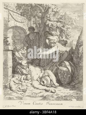 Lairesse, Gerard de, Lairesse, Vinum Cautis Innocuum, Trunken Silenus, Silenus, der Lehrer von Bacchus, liegt betrunken unter einem Baum. Unter seinem linken Bein liegt eine Weinbonbons, neben ihm schlafen zwei betrunkene Satyrkinder. Drei Frauen sehen Silenus verspotten, die rechte Frau legt ihm einen Traubenstrauch auf den Kopf. Anhänger eines Druckes mit dem Bild eines von Kindern umgebenen Bacchons., Druck, Höhe 385 mm, Breite 299 mm, Noord-Nederlands, 1641 - 1711, Druckmaschine, 1670 - 1675, Papier, Ätzen, nach, durch Malerei, Publikation (Ereignis), Publikation, Verlag Stockfoto