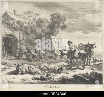 Amsterdam, Duckerts, Justus, Berchem, Nicolaes Pietersz., Visscher, Jan de, die vier Teile des Tages, Aurora, Morgen, Amsterdam, verso - gestempelt, Gesicht auf einer hügeligen Landschaft mit Hirten und ihren Rindern, und links ein Haus. Vor dem Haus spielt ein Junge mit einem Maut und ein Mann kratzt die Hufe eines Esels. Im Vordergrund sattelt ein Hirte seinen Esel., Druck, Höhe 328 mm, Breite 372 mm, Noord-Nederlands, 1633 - 1692, Druckmaschine, 1645 - 1701, Papier, Ätzen, Gravur, Gravur (Druckverfahren), Werkkonzeption, 1620 - 1683-02-18, nach Entwurf von, Publikation (Ereignis), Publi Stockfoto