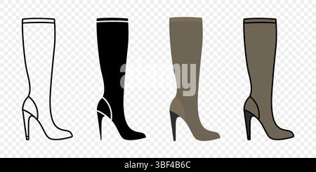 Stiefel Mit Hohem Absatz Für Damen – Symbol-Set. Outline, Silhouette, flache und farbige Mode Schuhe Kollektion für Herbst und Winter, stilvolle weibliche Schuhe Stock Vektor