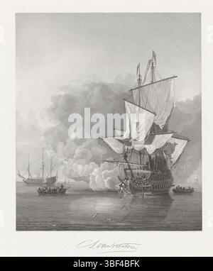 Velde, Willem van de (II), Amsterdam, Kesteren, Christiaan Lodewijk van, Het Cannonschot, verso - bei Windstille verliert ein Kriegsschiff mit schwachen Segeln einen Kanonenschuss. Ein Boot auf beiden Seiten des Schiffes. Im Hintergrund ist ein Kriegsschiff mit gebügelten Segeln., bedruckt, Höhe 268 mm, Breite 231 mm, 2011-08-09 - 1832 1897-06-25, Printmaker, 1861 - 1861, Papier, china collé, Stielgravur, Stahlstich, Nord-Niederlande, 18. Dezember 1633 - 6. April 1707 Stockfoto