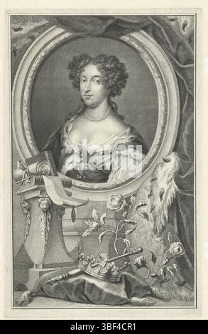 Pothoven, Hendrik, Netscher, Caspar, Amsterdam, Houbraken, Jacob, Gemalinenen und Mütter der Stadthalter, Porträt Maria II Stuart, Königin von England und Schottland, Verso - gestempelt, Ehefrau des Statthalterkönigs Willem III. zweiter Druck aus einer Sechserserie mit Bildern der Mädchen und Mütter der Stadhouders., Druck, Höhe 365 mm, Breite 234 mm, Noord-Nederlands, 25.12.1698, 1780.11.14, Druckerei, 1750.1750, Papier, Ätzen, Gravur, Gravur (Druckverfahren), 1639 - 1684-01-15, nach, nach Anstrich, 25. 12. 1725. 01. 25. 1807, mittlerer Drewsman Stockfoto