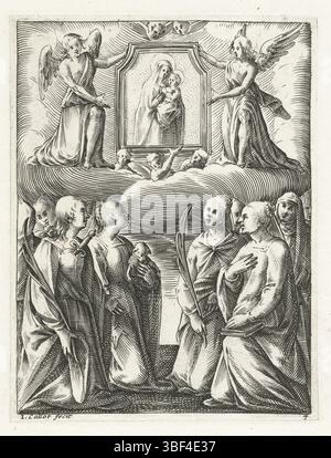 Rom, Callot, Jacques, Gemälde und Skulpturen in Rom, Anbetung eines Marienbildes durch weibliche Heilige, Rom, Vers unten links - gestempelt, mehrere Märtyrer/Heilige (einschließlich der Heiligen Agnes mit einem Lamm) verehren ein Marienbild mit dem Christuskind, gehalten von Engeln. Dieser Druck ist Teil einer Serie von 29 Darstellungen von Gemälden und Skulpturen in Kirchen in Rom mit den Nummern 1-16 und 1-13. (Die erste Bedingung dieser Serie, in der die Abzüge nicht nummeriert sind, enthält auch einen Titeldruck.), Druck, Höhe 111 mm, Breite 85 mm, Französisch, 21. August 1592 - 24. 03. 1635, prin Stockfoto