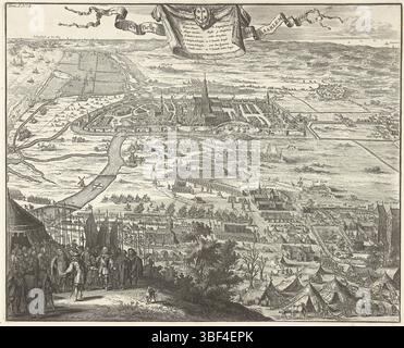 Amsterdam, Decker, Coenraet, Amsterdam, Het Beleg van Haarlem, Beleg van Haarlem, 1572-1573, verso - gestempelt, Überblick über die Belagerung der Stadt Haarlem mit der Umgebung aus der Vogelperspektive. Im Vordergrund standen spanische Offiziere in einem Armeezelt spanischer Truppen. Unter ihnen ist Don Frederik mit einem Brief in der Hand, in dem das Volk von Haarlem aufgefordert wird, sich den Spaniern zu ergeben. Auf der rechten Seite das Haus in Kleef, die Residenz von Don Frederik. Hinter den Armeelagern ziehen Truppen in Richtung Haarlem. Oben eine Leinwand mit dem Wappen von Haarlem und der Legende 1-11 in Niederländisch. Nummer Stockfoto