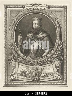 Debrie, Gabriel Francois Louis, Portugal, Debrie, Porträt von Johannes I., König von Portugal, Verso-gestempelt, stehend auf halbem Weg, gekleidet in Rüstung mit einem königlichen Wappen, Zepter in der Hand und Krone auf dem Kopf, in ovalem Rahmen mit Lorbeerkranz. Unter Kartusche mit Herkules, der bei Kriegstrophäen sitzt, der ganze innere rechteckige Rahmen., Druck, Höhe 226 mm, Breite 180 mm, Druckerei, 1742 - 1742, Papier, Ätzen, Arbeitskonzept, nach eigenem Entwurf von Stockfoto