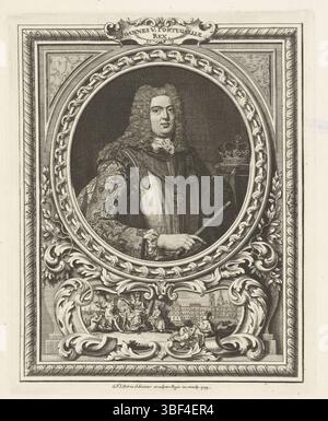 Debrie, Gabriel Francois Louis, Portugal, Debrie, Porträt von Johannes V., König von Portugal, Verso - gestempelt, in Rüstung gekleidet mit Zepter in der Hand und Krone auf Kissen hinter ihm, in ovalem Rahmen mit Blattornamenten. Unter Kartusche mit Zeus und Minerva sitzen in der Landschaft für den Palast Mafra, alles innerhalb rechteckigen Rahmens., Druck, Höhe 224 mm, Breite 178 mm, Druckerei, 1743 - 1743, Papier, Ätzen, Arbeitskonzept, nach eigenem Entwurf von Stockfoto