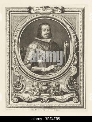 Debrie, Gabriel Francois Louis, Portugal, Debrie, Porträt von Johannes IV., König von Portugal, mit Verso gestempelt, auf halbem Weg sitzend, in Rüstung gekleidet mit Zepter in der Hand und Krone auf dem Tisch, in ovalem Rahmen mit Lorbeerkränzen. Unter Kartusche mit Wappen Portugals, flankiert von Frauen und zwei Gefangenen, die bei Kriegstrophäen sitzen, das ganze im rechteckigen Rahmen., Druck, Höhe 226 mm, Breite 180 mm, Druckerei, 1743 - 1743, Papier, Ätzen, Arbeitskonzept, nach eigenem Entwurf von Stockfoto