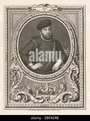 Debrie, Gabriel Francois Louis, Portugal, Debrie, Porträt von Johannes III., König von Portugal, verso - gestempelt, auf halbem Weg mit Krone neben ihm auf dem Tisch sitzend, im ovalen Rahmen mit Lorbeerkranz. Unter Kartusche mit Personifizierung des Glaubens und der Frau mit Grundriss der Architektur, die an einem Tisch mit religiösen Attributen und Kriegstrophäen sitzt, das ganze im rechteckigen Rahmen., Druck, Höhe 225 mm, Breite 181 mm, Druckerei, 1742 - 1742, Papier, Ätzen, Arbeitskonzept, nach eigenem Entwurf von Stockfoto