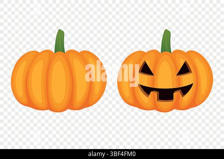Vector Cartoon Pumpkins Kollektion mit geschnitzten Gesichtern. Flaches Set Mit Bunten Kürbis-Stickern. Designvorlagen für Halloween, Herbst, Ernte. Süß und lustig Stock Vektor