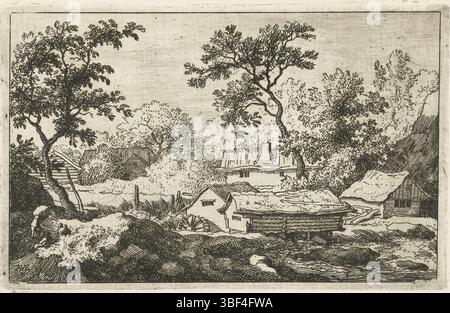 Niederlande, Everdingen, Allaert van, Landschaft mit Wassermühle, Niederlande, Blick auf einige Häuser und eine Wassermühle in der Nähe eines Wasserfalls. Vor einem kleinen Hügel im Vordergrund stehen zwei Personen, während ein Dritter etwas auf dem Rücken trägt., Druck, Höhe 101 mm, Breite 159 mm, Nordholland, 18.06.1621, 1675.11.08, Druckerei, 1631.1675, Papier, Ätzen, Ätzen Stockfoto