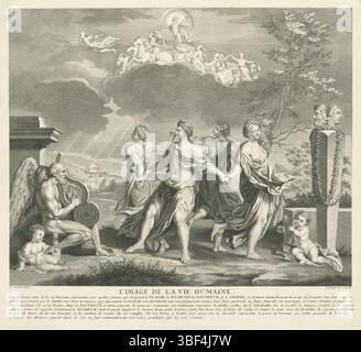 Ludwig XIV. (König von Frankreich), Paris, Picart, Bernard, Poussin, Nicolas, L'image de la vie humaine, Allegorie auf den Stadien des menschlichen Lebens, verso links - gestempelt, Landschaft mit vier tanzenden Frauen, die das Vergnügen, den Reichtum, die Armut und die Arbeit verkörpern. Vater Zeit hat die Winde gespielt und einen Putto mit einer Sanduhr. Ein Janushead auf der rechten Seite und ein Putto, der Blasen bläst. Am Himmel Apollo im Sonnenwagen, gezeichnet von vier Pferden, gefolgt von Aurora. Am Rand eine sechszeilige Beschriftung in französischer Sprache, Druck, Höhe 280 mm, Breite 312 mm, Nordholländisch, 11.06.1673, 08.05.1733, Druckerei, 1693.1710, Papier Stockfoto