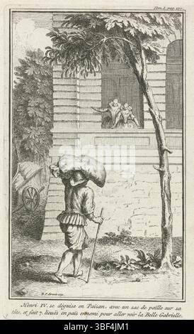 Amsterdam, Picart, Bernard, Amsterdam, Hendrik IV. Besucht seine Geliebte, Vers links unten - gestempelt, Heinrich IV., König von Frankreich, getarnt als Landwirt, besucht seine Geliebte Gabrielle d'Estrées. Sie wartet mit ihrer Dame auf ihn. Am Rand eine zweizeilige Beschriftung auf Französisch., Druck, Buchabbildung, Abzüge, Höhe 140 mm, Breite 90 mm, Noord-Nederlands, 1673-06-11-1733-05-08, Druckmaschine, 1731-1731, zweites Viertel 18. Jahrhundert, Papier, Ätzen, Gravieren, Gravieren (Druckverfahren), Nord-Niederlande, Aufsicht Stockfoto