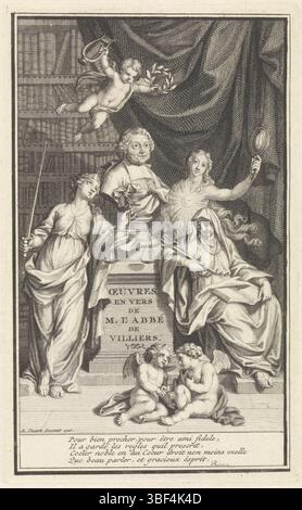 Amsterdam, Picart, Bernard, Amsterdam, Homepage für: P. de Villiers, oeuvres en vers, 1717, Portraitbust von Pierre de Villiers umgeben von allegorischen Figuren, rückseitig rechts unten - gestempelt, Portraitbust von Pierre de Villiers auf einem Rattenständer mit dem Titel in französischer Sprache. In der Luft ein Putti mit Lorbeerkranz und einer Winde in den Händen. Die Büste ist umgeben von Gerechtigkeit, Wahrheit und Glauben. Im Vordergrund zwei Putten, die die Hände schütteln. Am Rand ein vierzeiliges Gedicht in französischer Sprache. Drucken, Titelseite, Drucken, Höhe 143 mm, Breite 85 mm, Noord-Nederlands, 1673-06-11-1733-05-08, Druckmaschine, 1716-1716, f Stockfoto