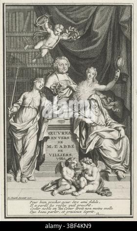 Amsterdam, Picart, Bernard, Amsterdam, Homepage für: P. de Villiers, oeuvres en Vers, 1717, Büstenstatue von Pierre de Villiers umgeben von Tugenden, verso - gestempelt, in einer Bibliothek die Büste des Schriftstellers Pierre de Villiers steht auf einem Sockel. In der Umgebung befinden sich die Personifizierung des Glaubens (Fides), der Wahrheit (Veritas) und der Gerechtigkeit (Justitia). Am Himmel fliegt ein Putto mit einer Winde und einem Lorbeerkranz in den Händen zum Bild, im Vordergrund zwei Puttihände geben., Druck, Titelseite, Drucke, Höhe 141 mm, Breite 86 mm, Nordholländisch, 1673-06-11-1733-05-08, Perückenmacher, 1717-1717, Papier, Ätzen, Wor Stockfoto