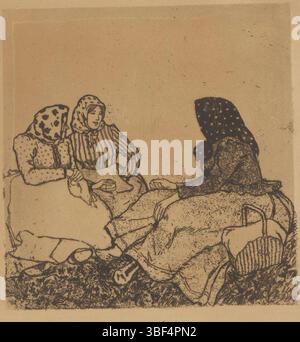 Orlik, Emil, am Sonntag (Böhmen), drei Frauen im Gras, rechts unten - handgeschrieben in Bleistift, Druck, Orlik, Höhe 226 mm, Breite 219 mm, Deutsch, Tschechisch, 21.07.1870 - 28.09.1932, Druckerei, 1880 - 1932, Papier, Ätzen, Reliefs, Tellerton Stockfoto