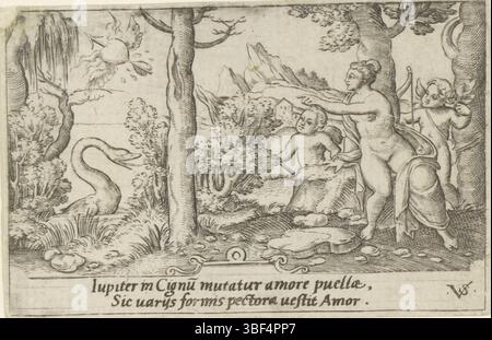 Nürnberg, Solis, Virgil, mythologische Szenen, Leda und der Schwan, verso - handgeschrieben in brauner Tinte, Druck, verso - gestempelt, 68, Höhe 59 mm, Breite 92 mm, Deutsch, 1514 - 1562-08-01, Drucker, 1524 - 1562, Papier, Gravieren, Gravieren (Druckverfahren), Ätzen, Ätzen Stockfoto