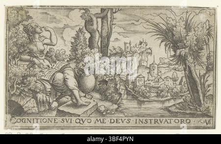 Nürnberg, Solis, Virgil, weibliche Allegorien in Landschaften, Selbstkenntnis, verso - handgeschrieben in brauner Tinte, Druck, verso - gestempelt, 72, Höhe 51 mm, Breite 87 mm, Deutsch, 1514 - 1562-08-01, Drucker, 1524 - 1562, Papier, Gravieren, Gravieren (Druckverfahren), Ätzen, Ätzen Stockfoto