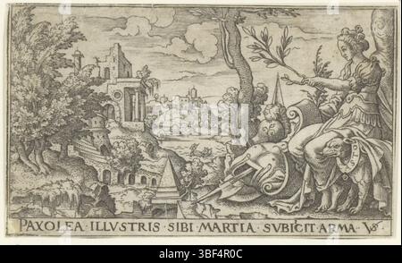 Nürnberg, Solis, Virgil, weibliche Allegorien in Landschaften, Frieden, Verso - handgeschrieben in brauner Tinte, Druck, rückwärts - gestempelt, 72, Höhe 50 mm, Breite 84 mm, Deutsch, 1514 - 1562-08-01, Drucker, 1524 - 1562, Papier, Gravieren, Gravieren (Druckverfahren), Ätzen, Ätzen“ Stockfoto