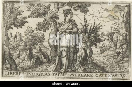 Nürnberg, Solis, Virgil, weibliche Allegorien in Landschaften, Gefängnis, verso - handgeschrieben in brauner Tinte, Druck, verso - gestempelt, 72, Höhe 53 mm, Breite 86 mm, Deutsch, 1514 - 1562-08-01, Drucker, 1524 - 1562, Papier, Gravieren, Gravieren (Druckverfahren), Ätzen, Tellerton“ Stockfoto