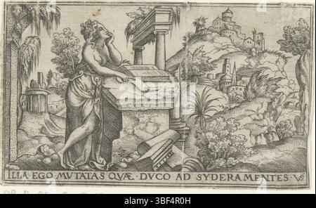 Nürnberg, Solis, Virgil, weibliche Allegorien in Landschaften, Bildende Künste, Verso - handgeschrieben in brauner Tinte, Druck, verso - gestempelt, 72, Höhe 52 mm, Breite 85 mm, Deutsch, 1514 - 1562-08-01, Drucker, 1524 - 1562, Papier, Gravieren, Gravieren (Druckverfahren), Ätzen, Tellerton Stockfoto
