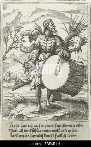 Nürnberg, Solis, Virgil, Militärfiguren in Landschaften stehend, Trombler, Verso - handgeschrieben in brauner Tinte, Druck, verso - gestempelt, 146, Höhe 113 mm, Breite 83 mm, Höhe 19 mm, Breite 82 mm, Deutsch, 1514 - 1562-08-01, Druckerei, 1524 - 1562, Papier, Gravur, Gravur (Druckverfahren), Ätzen, Tellertönung Stockfoto