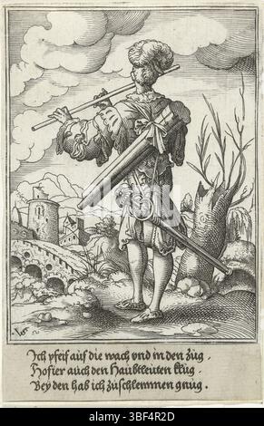 Nürnberg, Solis, Virgil, Militärfiguren in Landschaften stehend, Soldat mit Flöte, vero - handgeschrieben in brauner Tinte, Druck, vero - gestempelt, 146, Höhe 132 mm, Breite 86 mm, Höhe 19 mm, Breite 84 mm, Deutsch, 1514 - 1562-08-01, Druckerei, 1524 - 1562, Papier, Gravur, Gravur (Druckverfahren), Ätzen, Ätzen Stockfoto