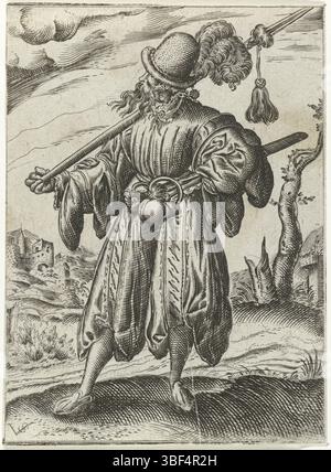 Nürnberg, Solis, Virgil, Militärfiguren in Landschaften stehend, Landsknecht, rückwärts - handgeschrieben in brauner Tinte, Druck, rückwärts - gestempelt, 146, Höhe 112 mm, Breite 82 mm, Drucker, 1524 - 1612, Papier, Gravur, Gravur (Druckverfahren), Ätzen, Arbeitskonzept, Deutsch, 1514 - 01.08.1562 Stockfoto