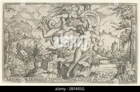 Nürnberg, Solis, Virgil, weibliche Allegorien in Landschaften, Wahrheit und Laster, verso - handgeschrieben in brauner Tinte, Druck, verso - gestempelt, 73, Höhe 53 mm, Breite 88 mm, Deutsch, 1514 - 1562-08-01, Drucker, 1524 - 1562, Papier, Gravieren, Gravieren (Druckverfahren), Ätzen, Ätzen Stockfoto