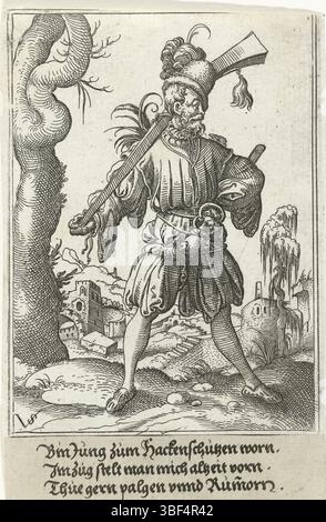 Nürnberg, Solis, Virgil, Militärfiguren in Landschaften stehend, Hookbus Shooter, Verso - handgeschrieben in brauner Tinte, Druck, verso - gestempelt, 146, Höhe 131 mm, Breite 86 mm, Höhe 19 mm, Breite 84 mm, Deutsch, 1514 - 1562-08-01, Druckerei, 1524 - 1562, Papier, Gravur, Gravur (Druckverfahren), Ätzen, Tellertönung Stockfoto