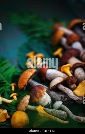 Frische ungekochte Wildpilze auf rustikalem grünem Hintergrund, Blick von oben Stockfoto