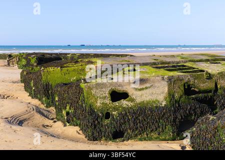 Die Überreste von Mulberry Harbour B (Port Winston) wurden am D-Day genutzt, um Truppen, Vorräte und Fahrzeuge in Arromanches-les-Bains (Calvados) in Frankreich zu bringen Stockfoto