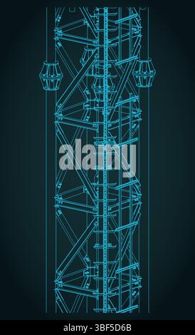 Isometrische Zeichnungen des Zellturms unterstützen stilisierte Vektorabbildungen in Nahaufnahme Stock Vektor