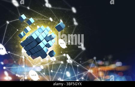 Konzeptionelle Hintergrundbild mit Cube Figur und sozialen Anschlussleitungen. 3D-Rendering Stockfoto