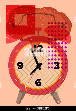 Risograph Wecker mit Sprechblase mit geometrischen Formen. Objekte in trendigem Riso-Grafik-Design mit Texturelementen. Stock Vektor