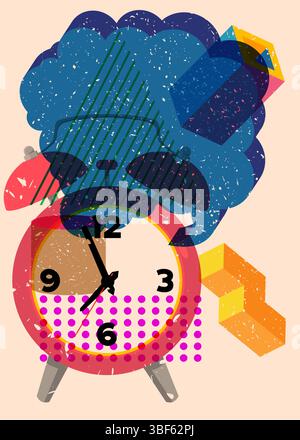 Risograph Wecker mit Sprechblase mit geometrischen Formen. Objekte in trendigem Riso-Grafik-Design mit Texturelementen. Stock Vektor