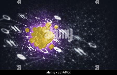 Konzeptionelle Hintergrundbild mit Cube Figur und sozialen Anschlussleitungen. 3D-Rendering Stockfoto