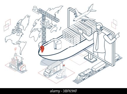 Der Seeverkehr mit Containerschiffen und Frachtflugzeugen spielt eine entscheidende Rolle in der globalen Logistik, da sie nahtlose ein- und Ausfuhraktivitäten ermöglicht Stock Vektor