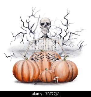 Skelett unter den orangen Kürbissen. Nebel und Äste. Halloween-Thema. Dekorationsvorlage. Aquarellabbildung isoliert vom Hintergrund. Hand Stockfoto