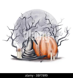 Halloween-Nacht. Hexenhut mit Kerzen und Kürbis. Gruseliger Wald und Vollmond im Hintergrund. Mystische Darstellung. Gotische Illustration. Aquarell Stockfoto