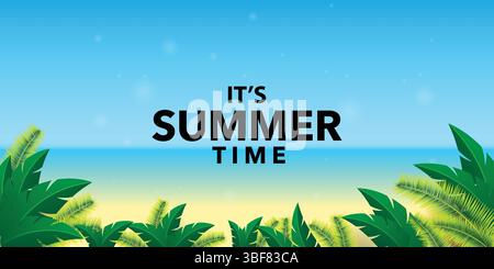 Sommerbanner mit Blumen exotische Palmen hinterlässt Meeresblau Stock Vektor