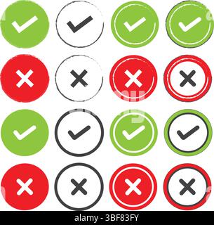Häkchen- und Kreuzsymbole Rot Grün Schwarz kreisförmiges Häkchen und falsche Symbole für die Verwendung der Web-Benutzeroberfläche und des Designs festlegen Stock Vektor